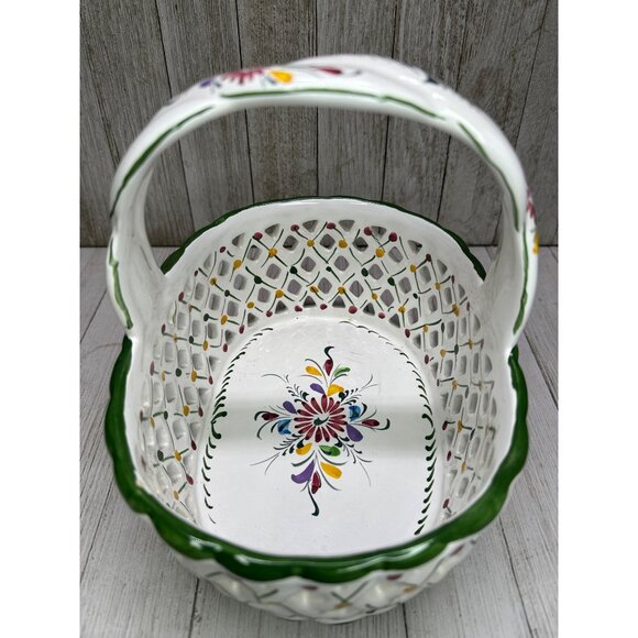 Vtg Holu Painted Lattice Basket Oval Ceramic with Braid Handle Portugal 7" Tall - Picture 5 of 10